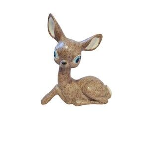 Vintage 70s Cermic Mold Big Blue Doe Eyed Deer Fawn Figurine 6"x7" READ